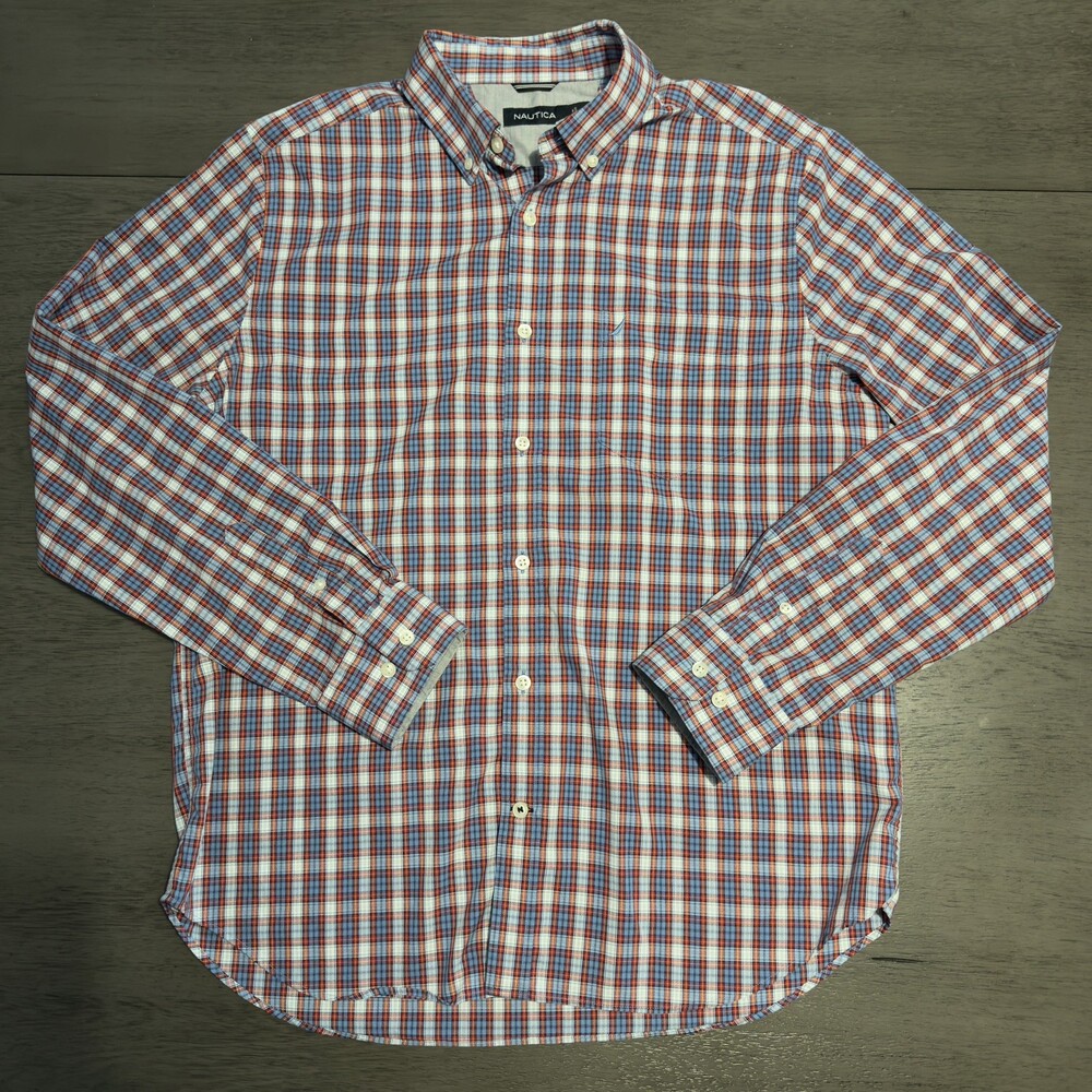 Nautica Shirt Mens Large Red Check Long Sleeve Button Up Classic Fit 100%Cotton